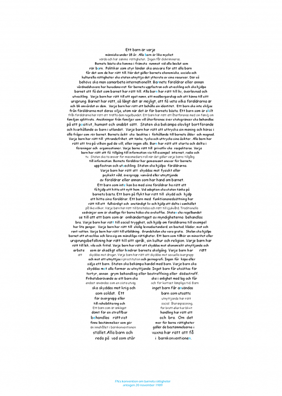 Text bildar en siluett av ett barn, Barnkonventionen